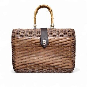 DORETTE Vintage Handbag Rattan Woven Wicker Natural Leather Bamboo Basket Bag